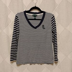 Ralph Lauren Blue and White Striped Long Sleeve Top Women's Size Small